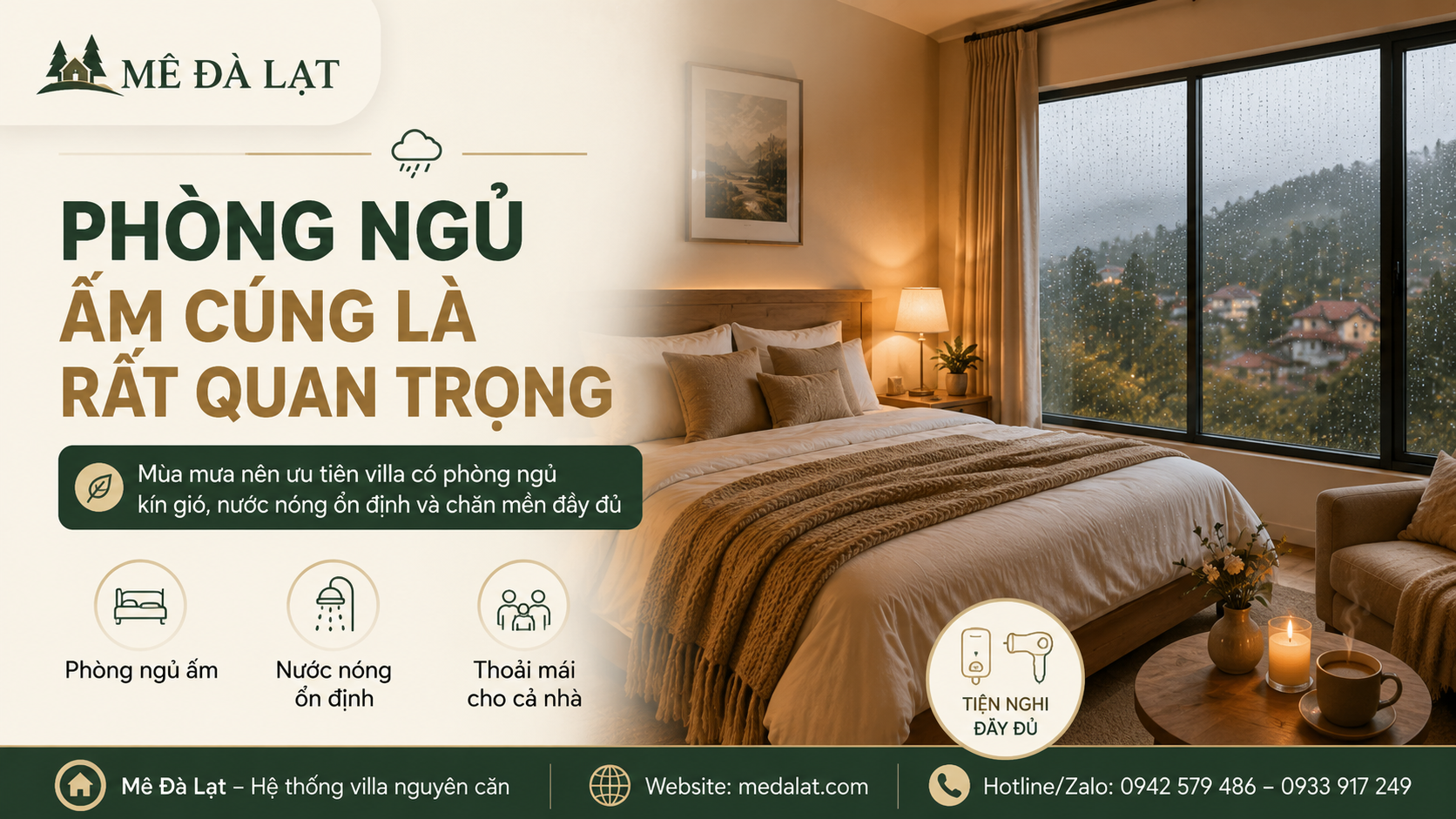 Phòng ngủ villa Đà Lạt ấm cúng phù hợp mùa mưa
