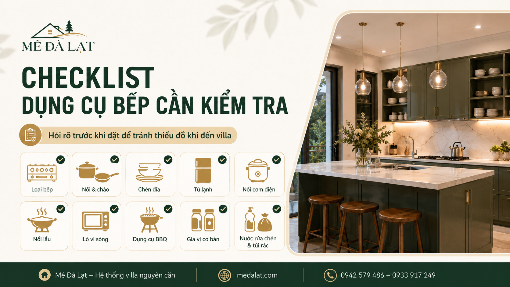 Dụng cụ bếp villa Đà Lạt cần kiểm tra trước khi đặt