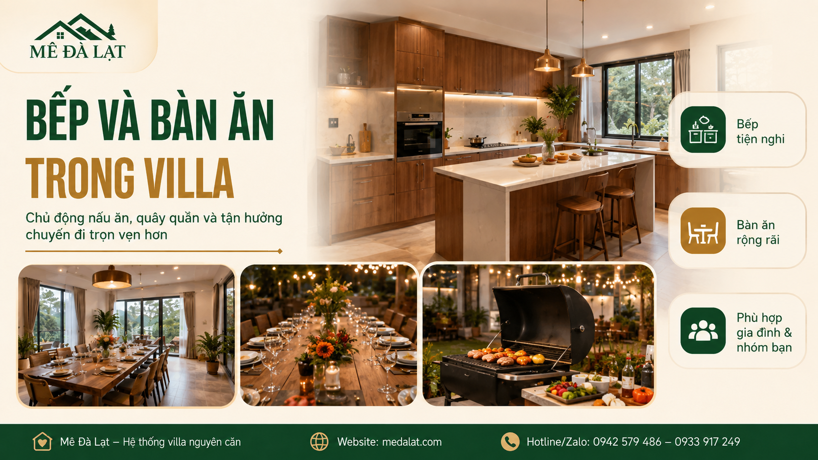 Bếp và bàn ăn trong villa Đà Lạt phù hợp cho gia đình nhóm bạn