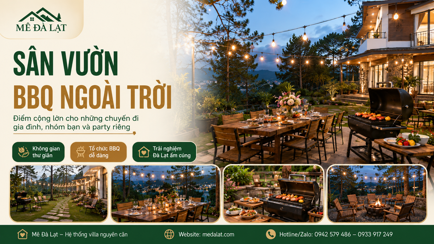 Sân vườn BBQ villa Đà Lạt phù hợp tổ chức tiệc gia đình nhóm bạn