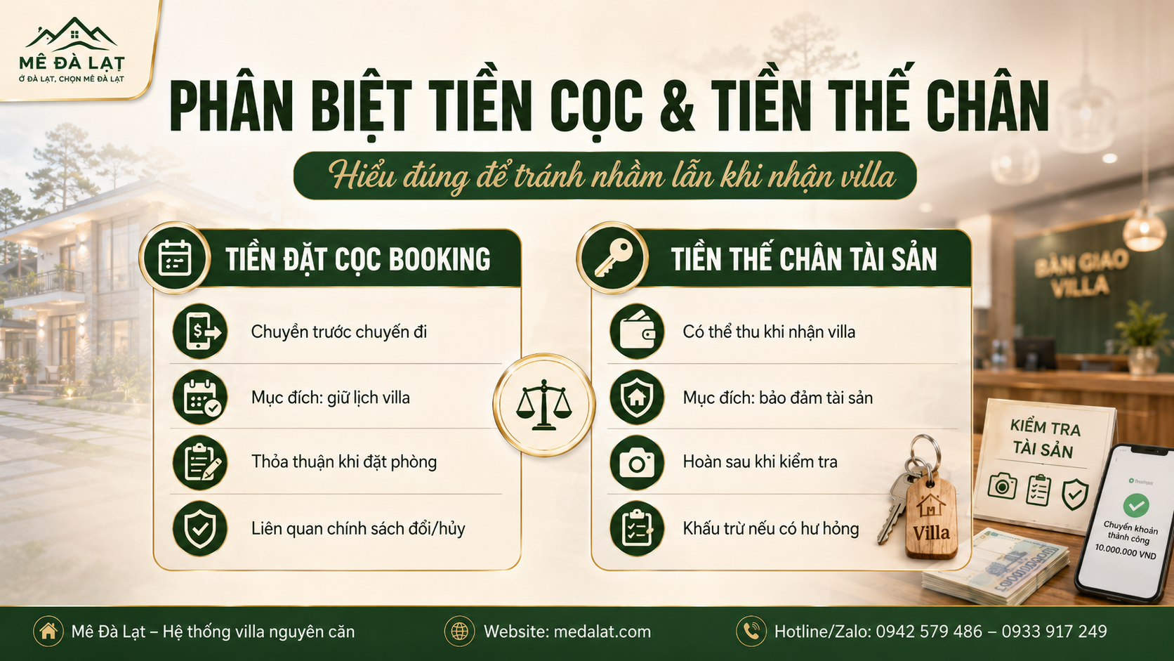 Phân biệt tiền đặt cọc booking và tiền thế chân tài sản villa