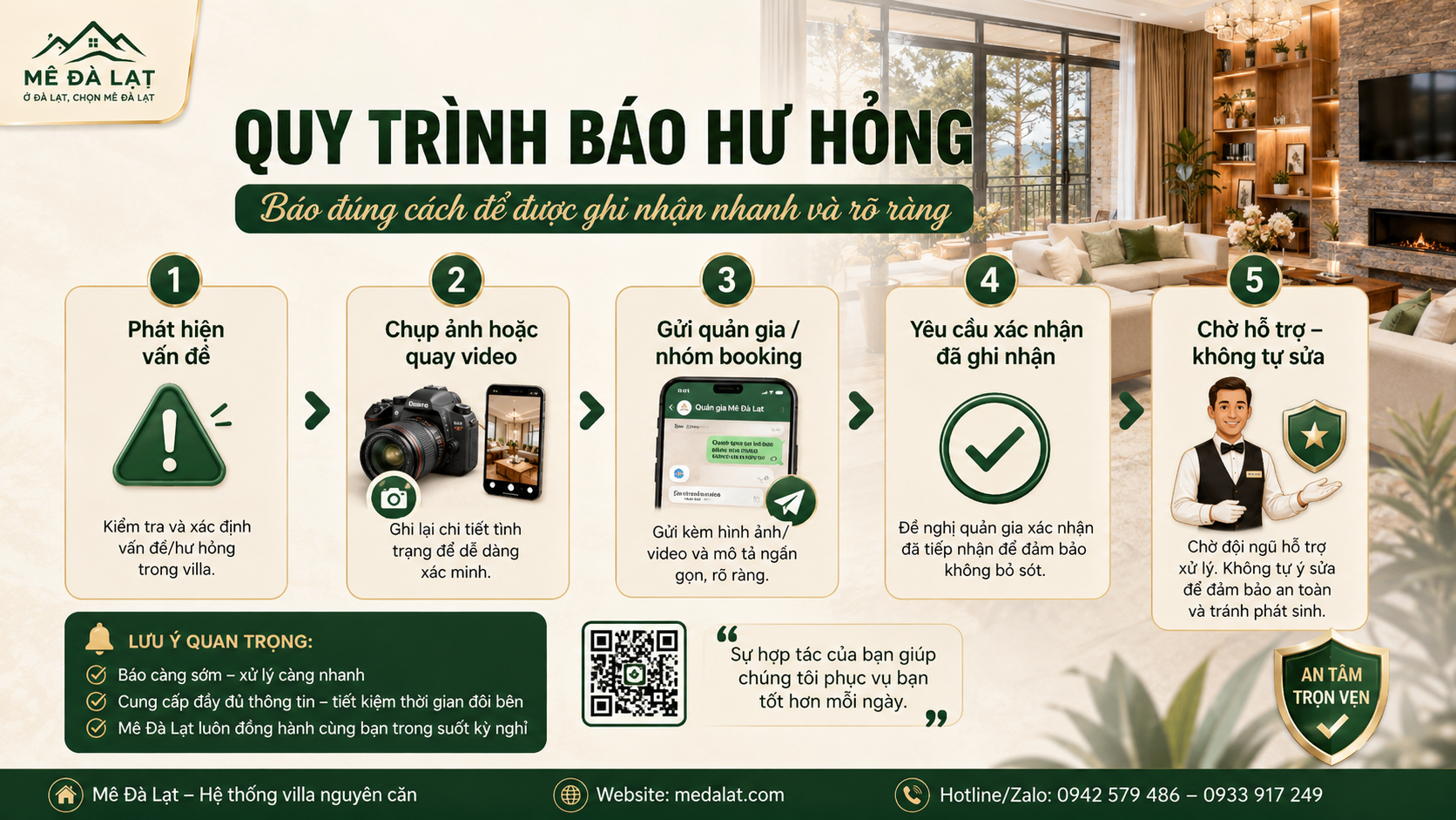 Quy trình báo hư hỏng khi nhận villa Đà Lạt