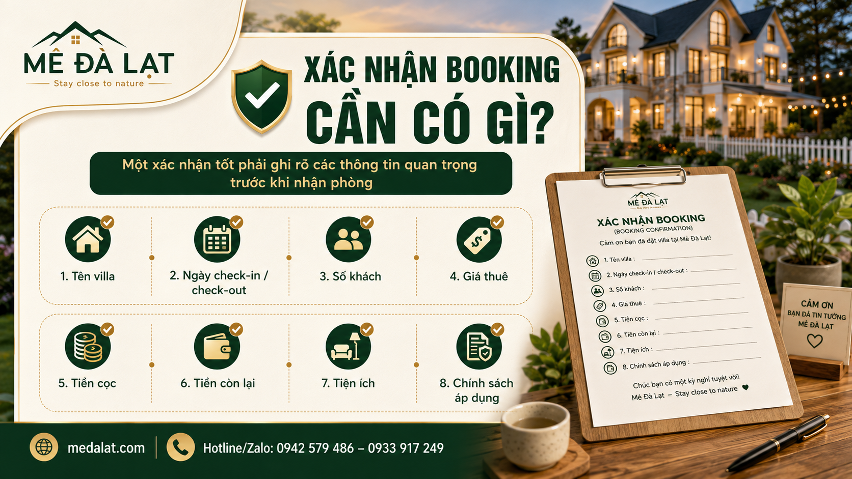 Nội dung cần có trong xác nhận booking villa Đà Lạt