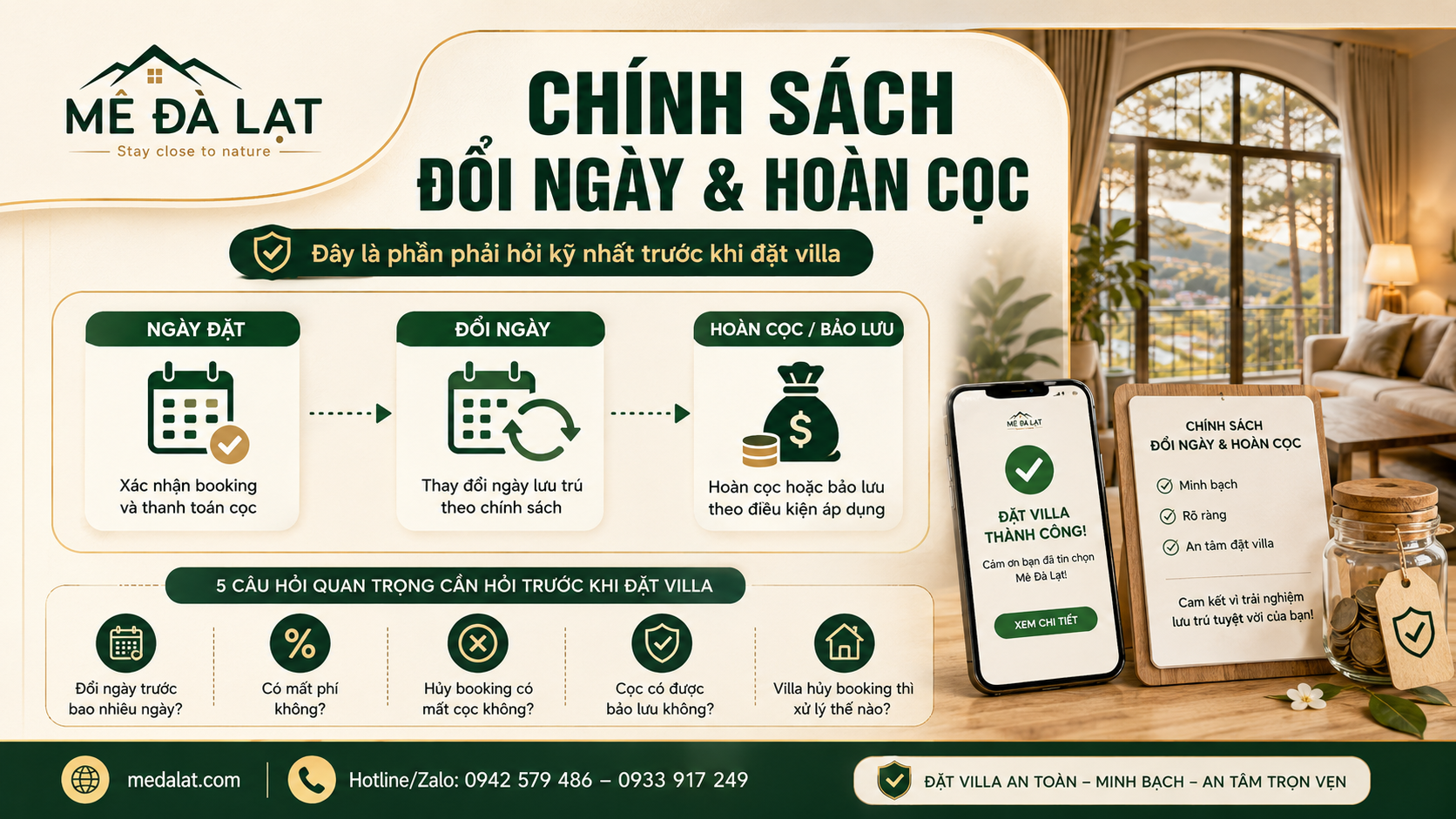 Chính sách đổi ngày và hoàn cọc khi thuê villa Đà Lạt