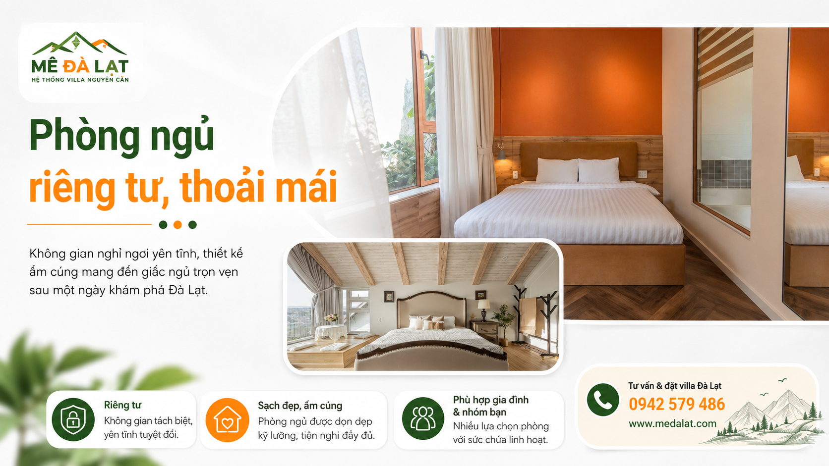 Phòng ngủ villa nguyên căn Đà Lạt riêng tư thoải mái cho gia đình và nhóm bạn