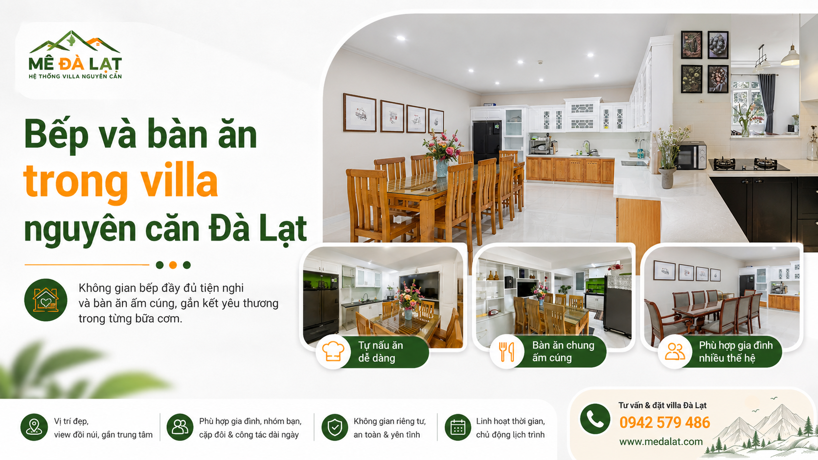 Bếp và bàn ăn trong villa nguyên căn Đà Lạt tiện nghi như ở nhà