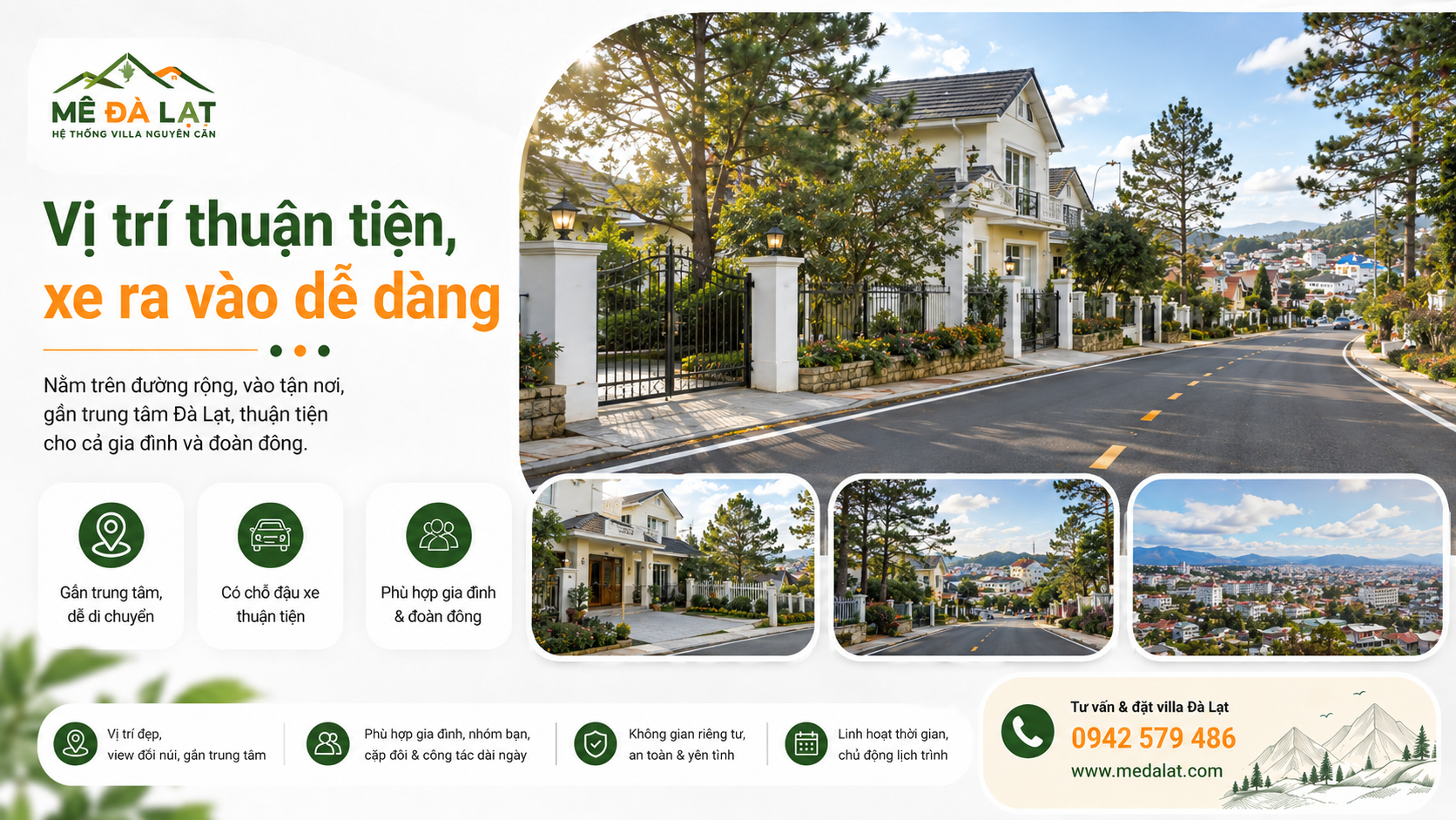 Vị trí villa Đà Lạt thuận tiện xe ra vào và có chỗ đậu xe cho đoàn đông