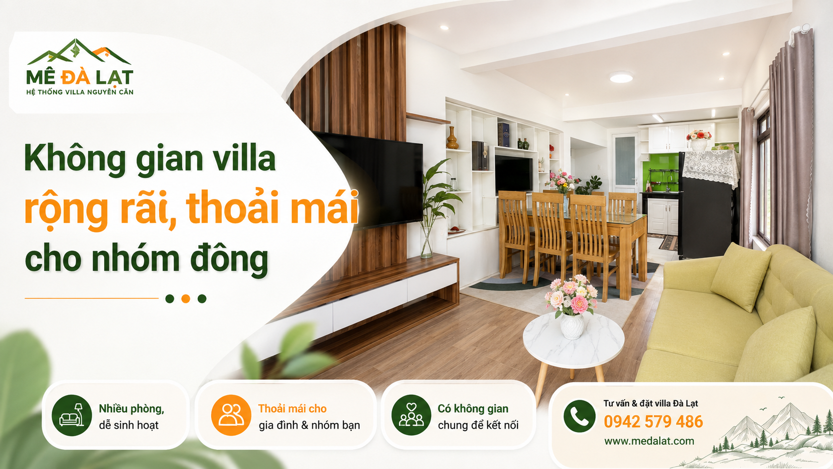 Không gian villa nguyên căn Đà Lạt rộng rãi cho gia đình và nhóm đôn
