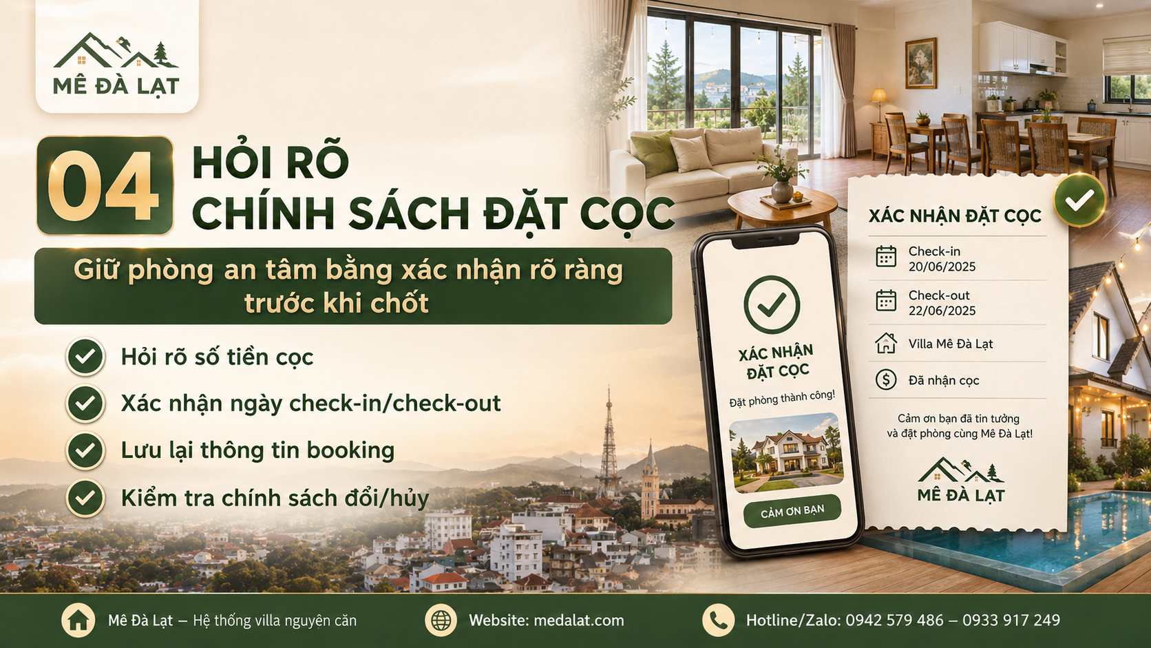 Chính sách đặt cọc villa Đà Lạt rõ ràng giúp giữ phòng mùa cao điểm
