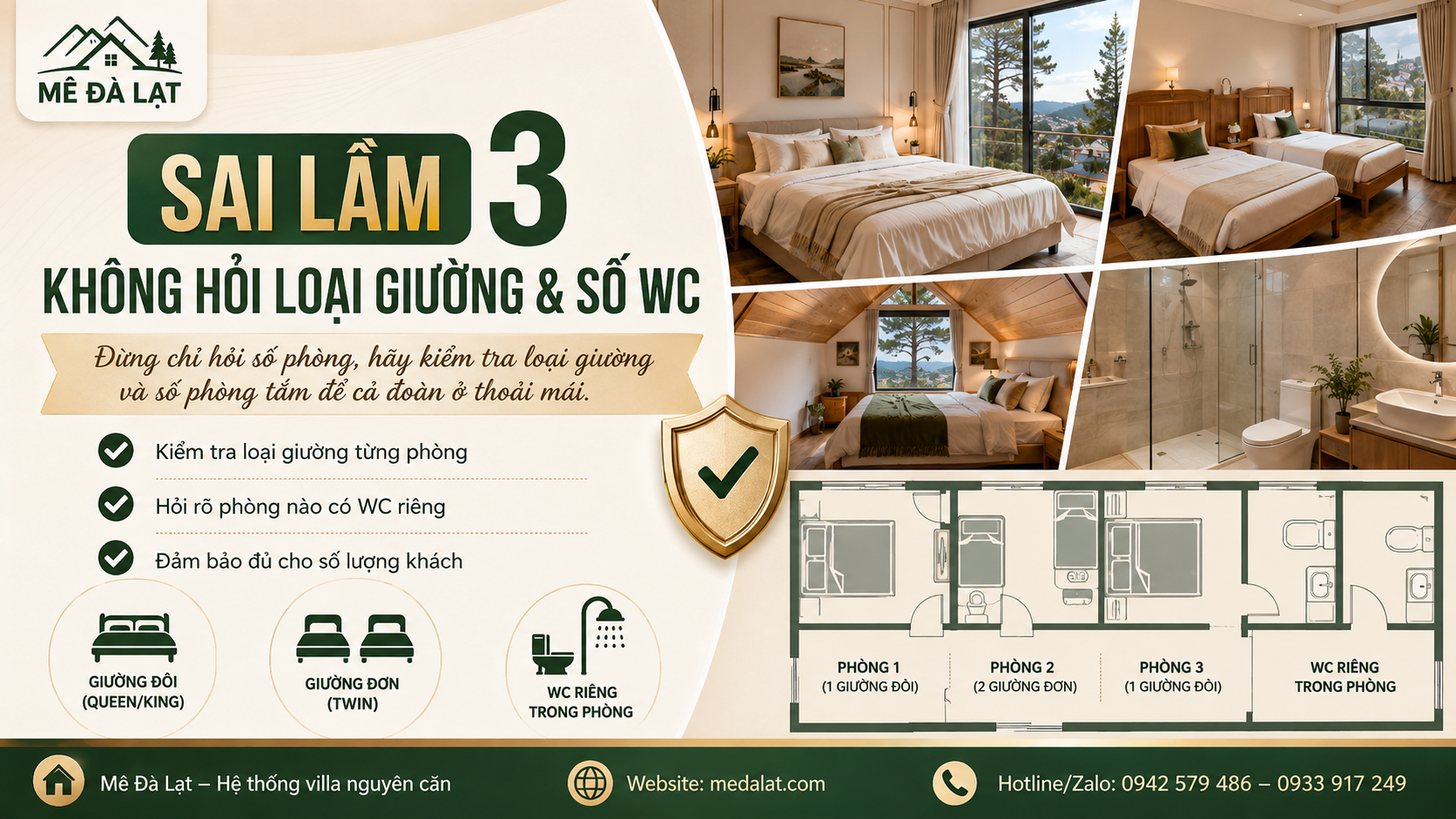 Chọn villa Đà Lạt đúng số phòng ngủ và số WC