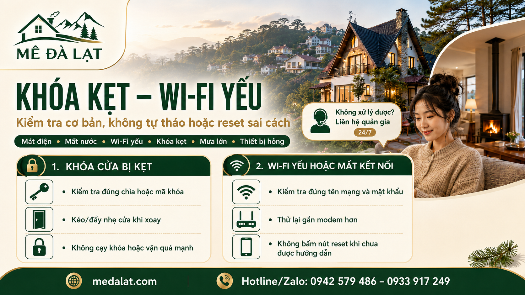 Xử lý khóa cửa bị kẹt và Wi-Fi yếu tại villa Đà Lạt