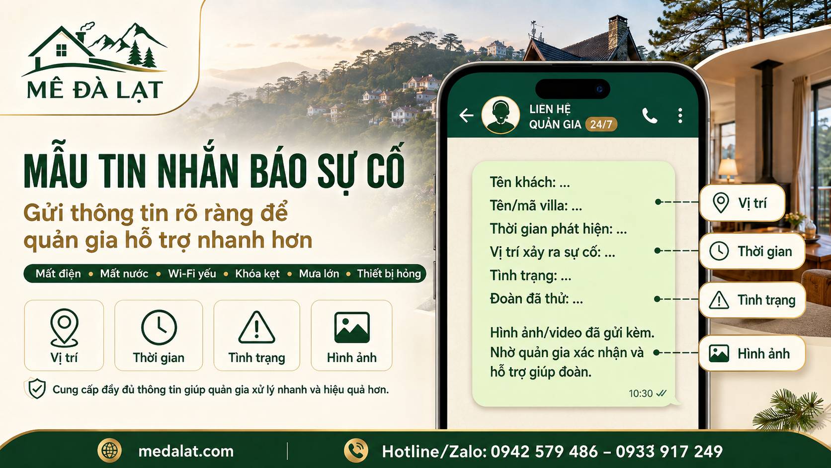 Mẫu tin nhắn báo sự cố cho quản gia villa Đà Lạt