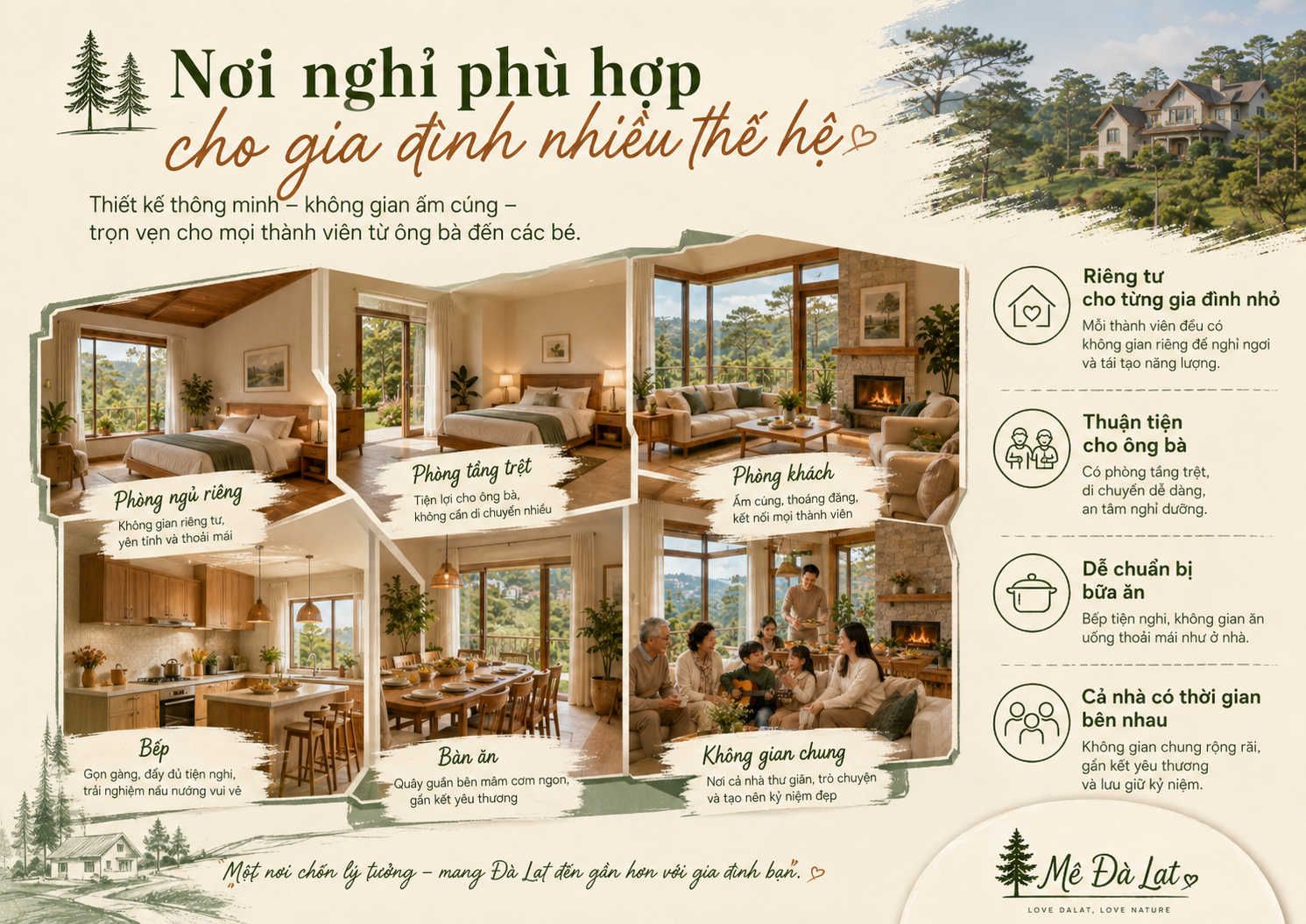 Villa Đà Lạt cho gia đình nhiều thế hệ có phòng riêng và không gian chung