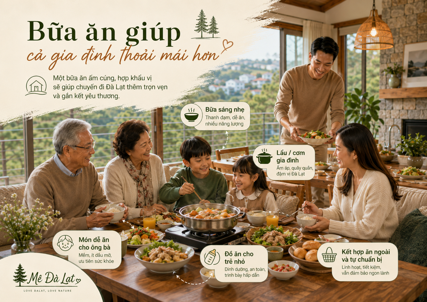 Bữa ăn phù hợp khi du lịch Đà Lạt cùng gia đình nhiều thế hệ