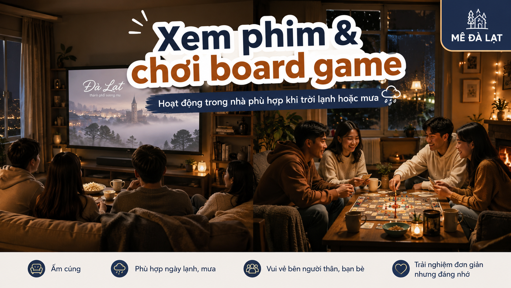 Xem phim và chơi board game vào buổi tối tại Đà Lạt
