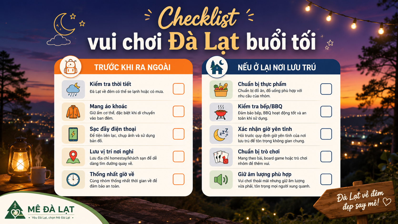 Checklist vui chơi Đà Lạt buổi tối an toàn và thoải mái