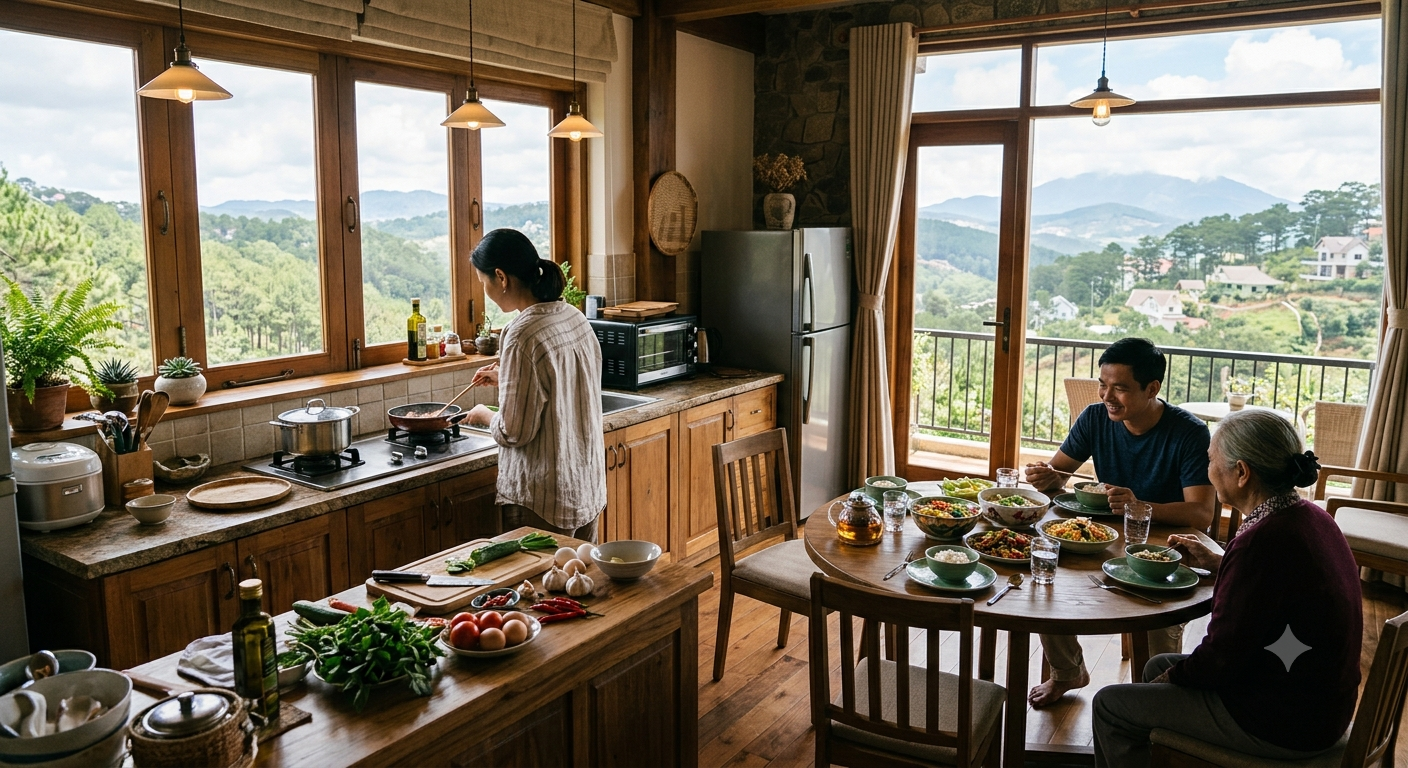 Khu vực bếp tự nấu nướng và không gian ăn uống