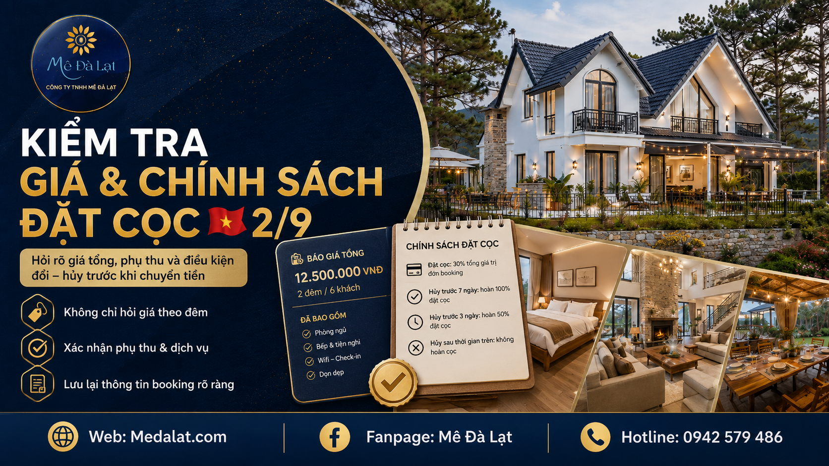 Kiểm tra giá và chính sách đặt cọc villa Đà Lạt dịp lễ 2/9