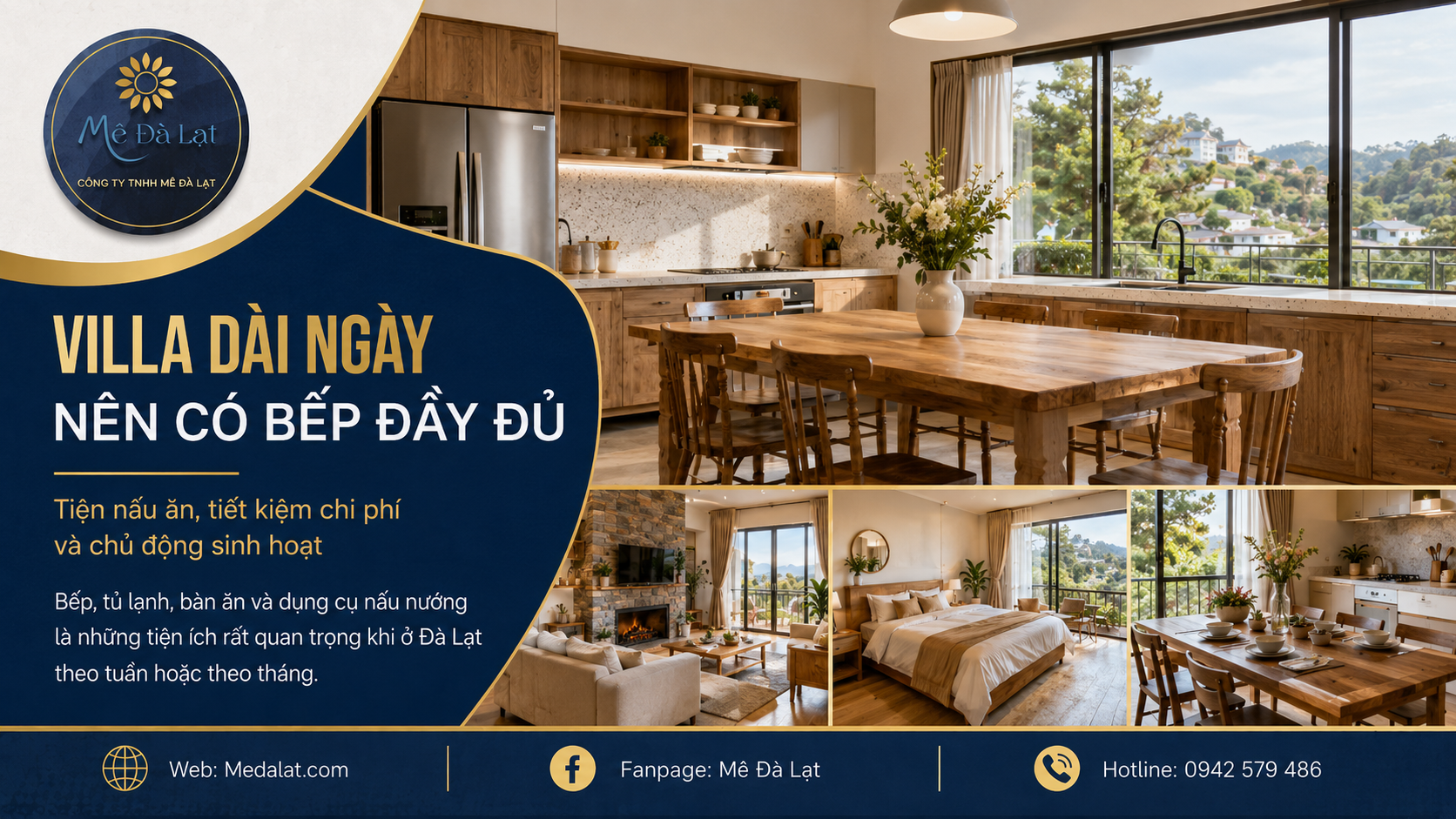Villa Đà Lạt dài ngày có bếp nấu ăn và bàn ăn tiện nghi